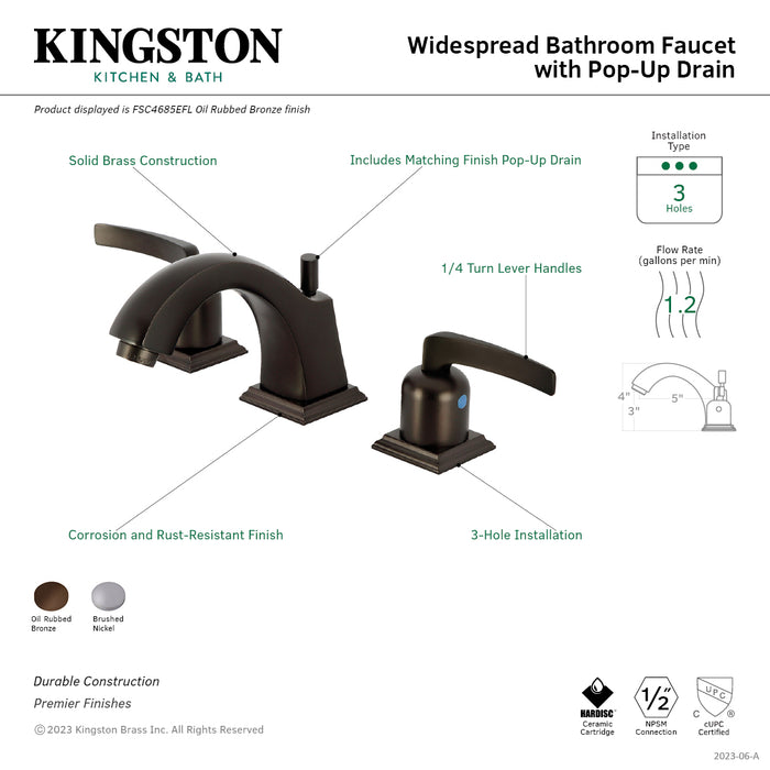Kingston Tulare FSC4688EFL - Centurion Two-Handle 3-Hole Deck Mount Widespread Bathroom Faucet with Pop-Up Drain, Brushed Nickel
