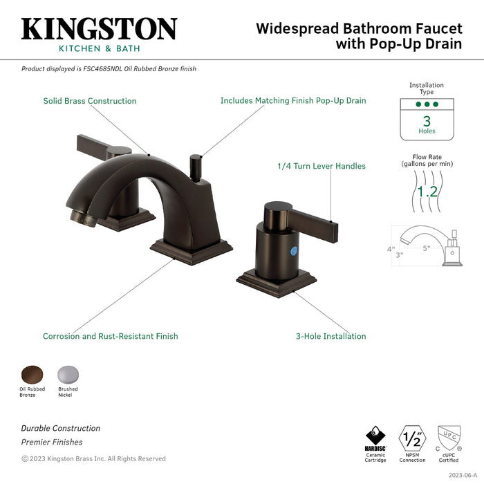 Kingston Tulare FSC4688NDL - NuvoFusion Two-Handle 3-Hole Deck Mount Widespread Bathroom Faucet with Pop-Up Drain, Brushed Nickel