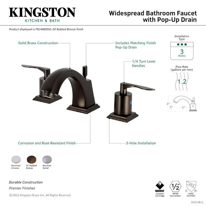 Kingston Tulare FSC4688SVL - Serena Two-Handle 3-Hole Deck Mount Widespread Bathroom Faucet with Pop-Up Drain, Brushed Nickel