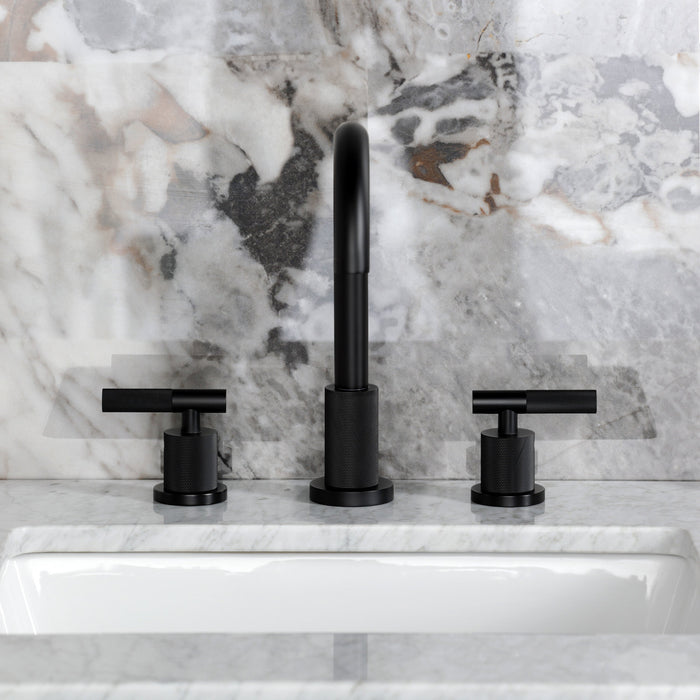 Kingston Sona FSC8920KNL - Convergent Two-Handle 3-Hole Deck Mount Widespread Bathroom Faucet with Knurled Handle and Brass Pop-Up, Matte Black