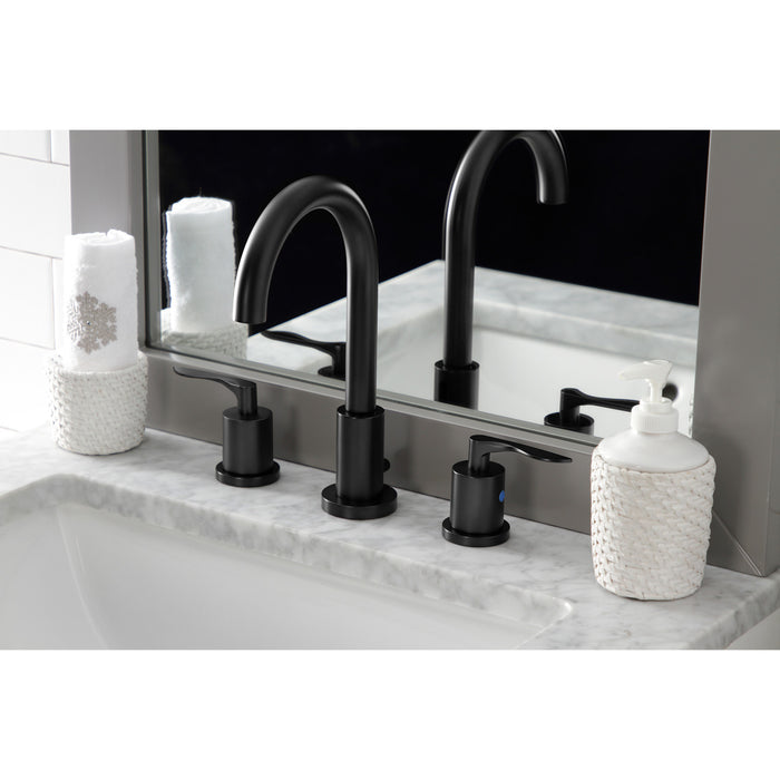 Kingston Tulare FSC8920SVL - Serena Two-Handle 3-Hole Deck Mount Widespread Bathroom Faucet with Brass Pop-Up, Matte Black