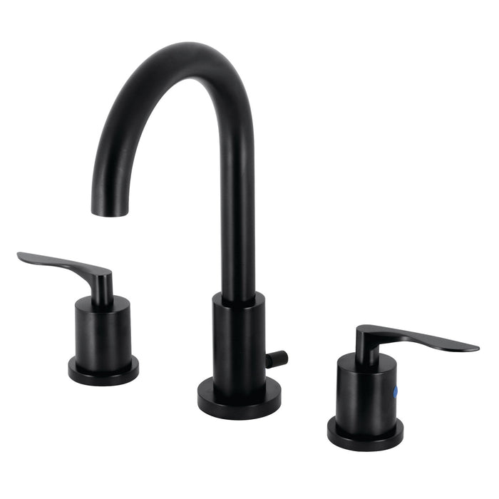 Kingston Tulare FSC8920SVL - Serena Two-Handle 3-Hole Deck Mount Widespread Bathroom Faucet with Brass Pop-Up, Matte Black