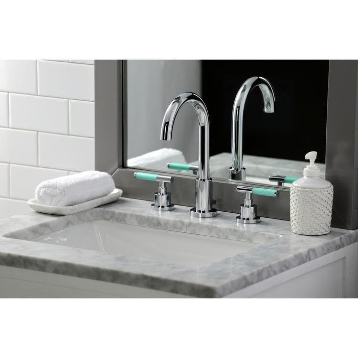 Kingston Sona FSC8921CKL - Kaiser Two-Handle 3-Hole Deck Mount Widespread Bathroom Faucet with Brass Pop-Up, Polished Chrome