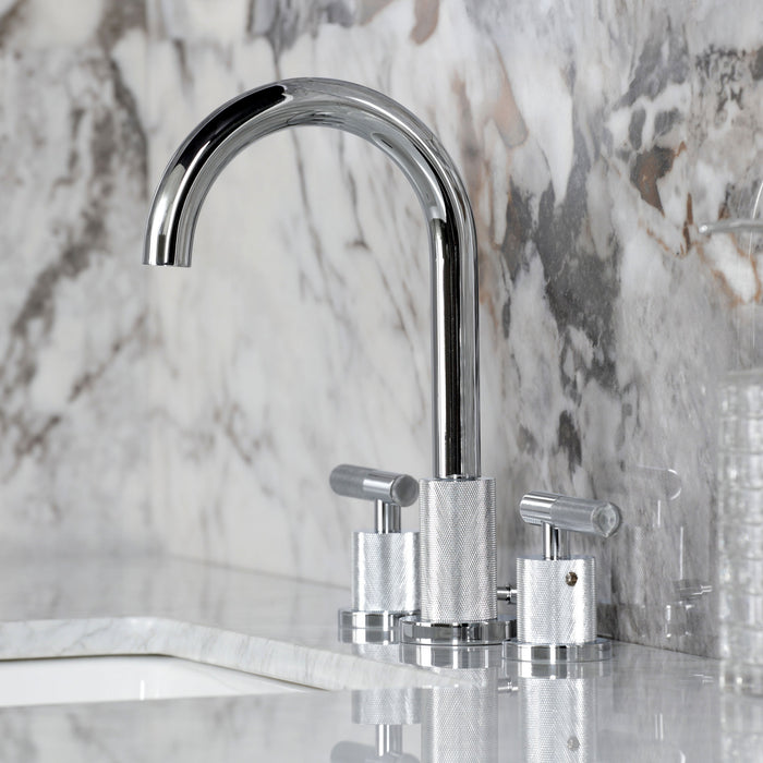 Kingston Sona FSC8921KNL - Convergent Two-Handle 3-Hole Deck Mount Widespread Bathroom Faucet with Knurled Handle and Brass Pop-Up, Polished Chrome