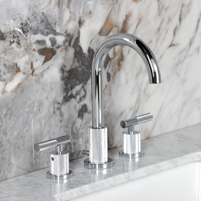 Kingston Sona FSC8921KNL - Convergent Two-Handle 3-Hole Deck Mount Widespread Bathroom Faucet with Knurled Handle and Brass Pop-Up, Polished Chrome