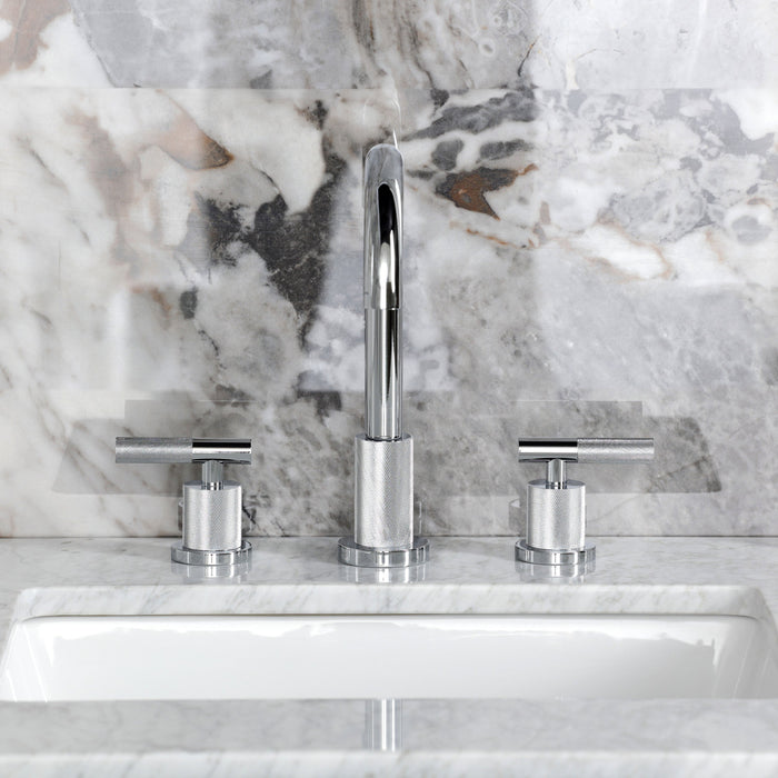 Kingston Sona FSC8921KNL - Convergent Two-Handle 3-Hole Deck Mount Widespread Bathroom Faucet with Knurled Handle and Brass Pop-Up, Polished Chrome
