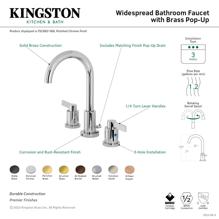 Kingston Sona FSC8921NDL - NuvoFusion Two-Handle 3-Hole Deck Mount Widespread Bathroom Faucet with Brass Pop-Up, Polished Chrome