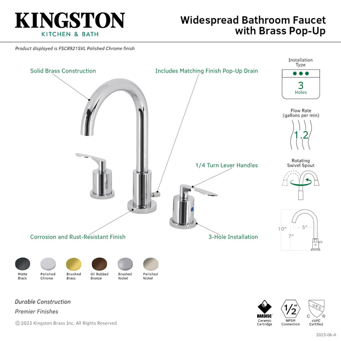 Kingston Tulare FSC8921SVL - Serena Two-Handle 3-Hole Deck Mount Widespread Bathroom Faucet with Brass Pop-Up, Polished Chrome