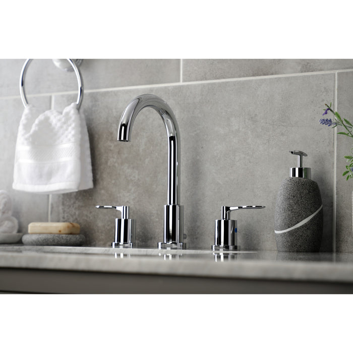 Kingston Tulare FSC8921SVL - Serena Two-Handle 3-Hole Deck Mount Widespread Bathroom Faucet with Brass Pop-Up, Polished Chrome