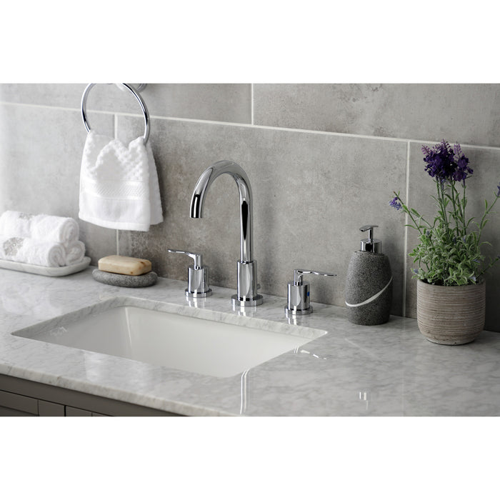 Kingston Tulare FSC8921SVL - Serena Two-Handle 3-Hole Deck Mount Widespread Bathroom Faucet with Brass Pop-Up, Polished Chrome