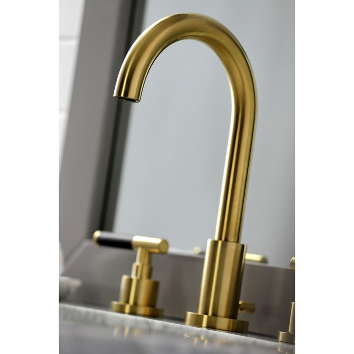 Kingston Sona FSC8923CKL - Kaiser Two-Handle 3-Hole Deck Mount Widespread Bathroom Faucet with Brass Pop-Up, Brushed Brass