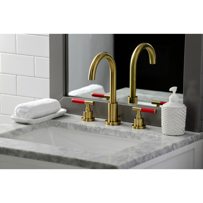 Kingston Sona FSC8923CKL - Kaiser Two-Handle 3-Hole Deck Mount Widespread Bathroom Faucet with Brass Pop-Up, Brushed Brass