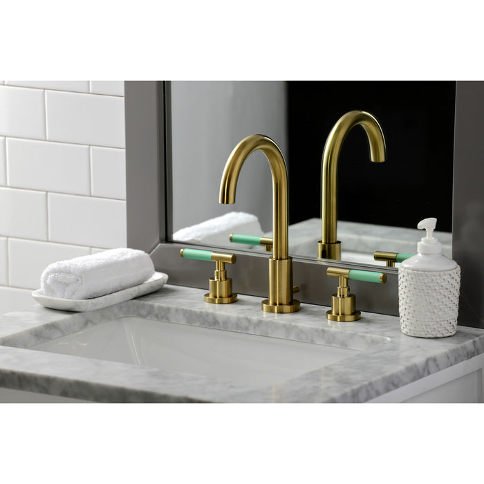 Kingston Sona FSC8923CKL - Kaiser Two-Handle 3-Hole Deck Mount Widespread Bathroom Faucet with Brass Pop-Up, Brushed Brass