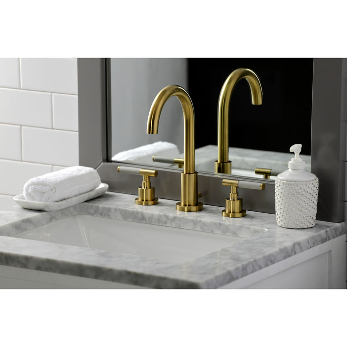 Kingston Sona FSC8923CKL - Kaiser Two-Handle 3-Hole Deck Mount Widespread Bathroom Faucet with Brass Pop-Up, Brushed Brass