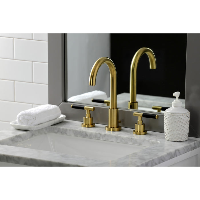 Kingston Sona FSC8923CKL - Kaiser Two-Handle 3-Hole Deck Mount Widespread Bathroom Faucet with Brass Pop-Up, Brushed Brass