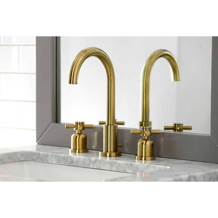 Kingston Sona FSC8923DX - Concord Two-Handle 3-Hole Deck Mount Widespread Bathroom Faucet with Brass Pop-Up, Brushed Brass