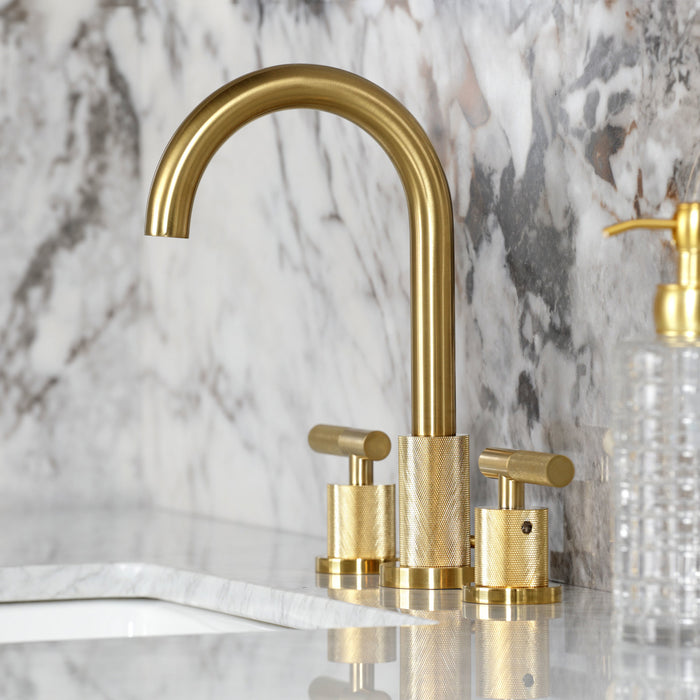 Kingston Sona FSC8923KNL - Convergent Two-Handle 3-Hole Deck Mount Widespread Bathroom Faucet with Knurled Handle and Brass Pop-Up, Brushed Brass