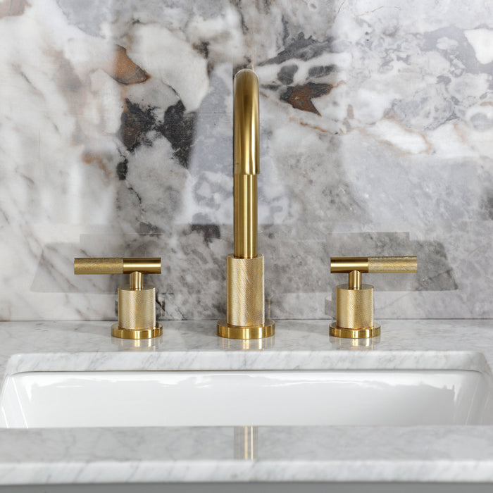 Kingston Sona FSC8923KNL - Convergent Two-Handle 3-Hole Deck Mount Widespread Bathroom Faucet with Knurled Handle and Brass Pop-Up, Brushed Brass
