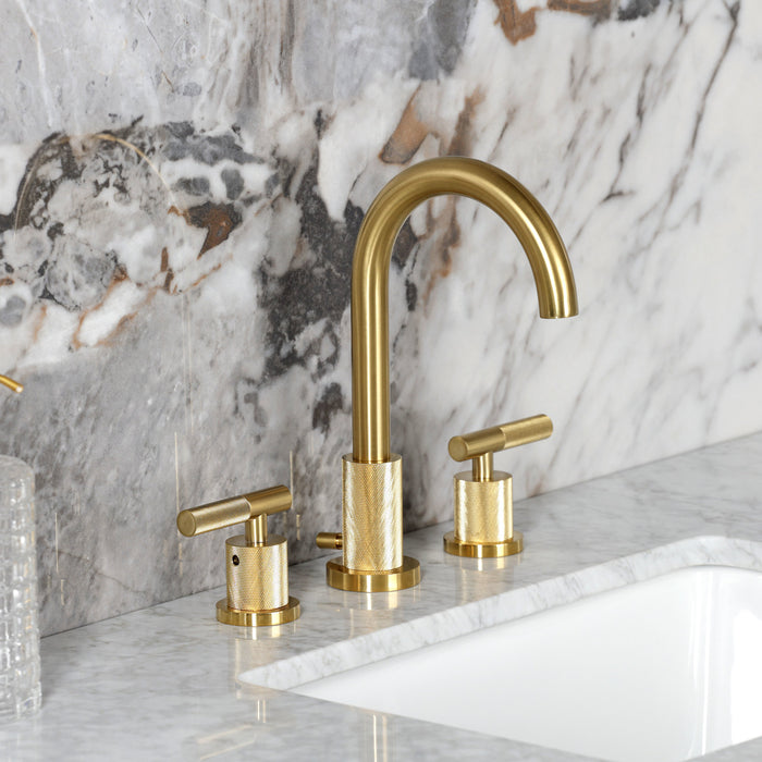 Kingston Sona FSC8923KNL - Convergent Two-Handle 3-Hole Deck Mount Widespread Bathroom Faucet with Knurled Handle and Brass Pop-Up, Brushed Brass