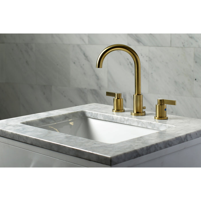 NuvoFusion FSC8923NDL Two-Handle 3-Hole Deck Mount Widespread Bathroom Faucet with Brass Pop-Up, Brushed Brass