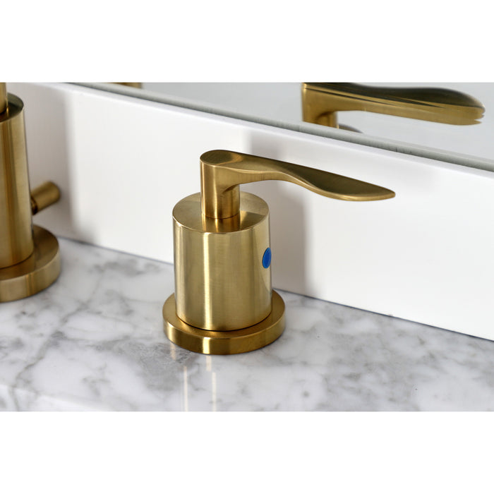 Kingston Tulare FSC8923SVL - Serena Two-Handle 3-Hole Deck Mount Widespread Bathroom Faucet with Brass Pop-Up, Brushed Brass
