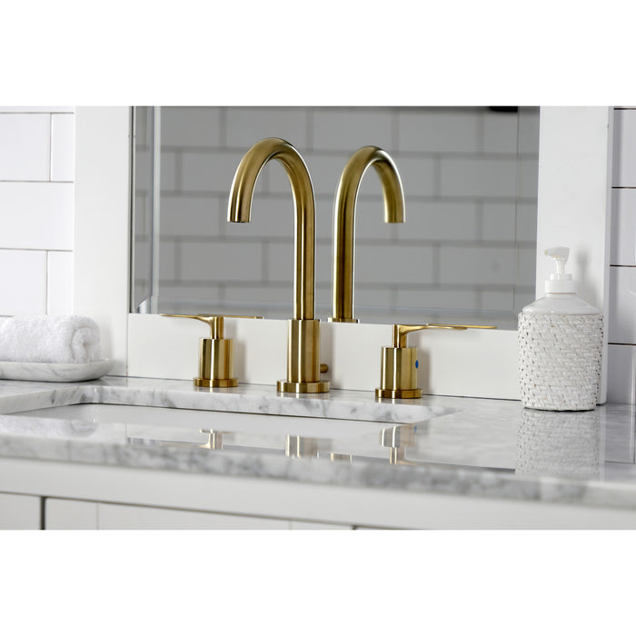 Kingston Tulare FSC8923SVL - Serena Two-Handle 3-Hole Deck Mount Widespread Bathroom Faucet with Brass Pop-Up, Brushed Brass