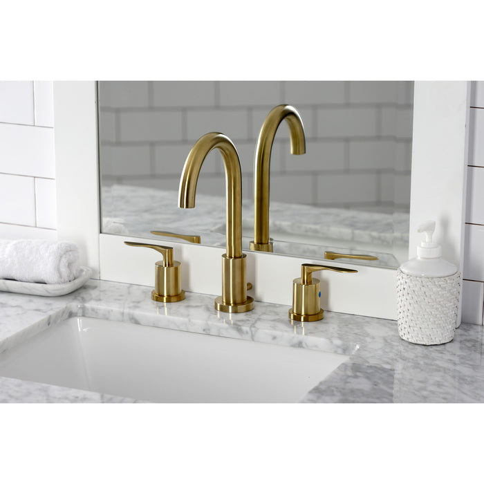 Kingston Tulare FSC8923SVL - Serena Two-Handle 3-Hole Deck Mount Widespread Bathroom Faucet with Brass Pop-Up, Brushed Brass