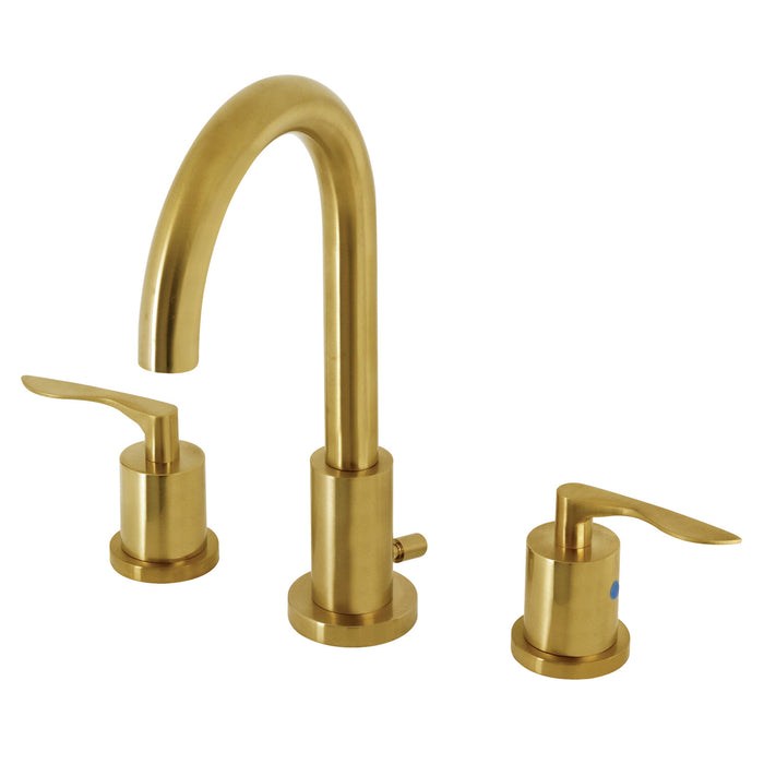 Kingston Tulare FSC8923SVL - Serena Two-Handle 3-Hole Deck Mount Widespread Bathroom Faucet with Brass Pop-Up, Brushed Brass