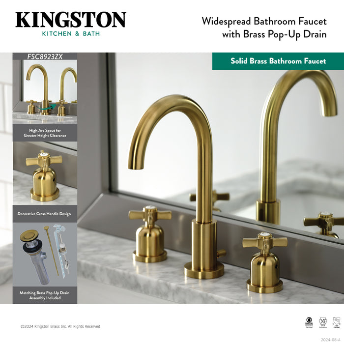 Kingston Sona FSC8923ZX - Millennium Two-Handle 3-Hole Deck Mount Widespread Bathroom Faucet with Brass Pop-Up, Brushed Brass