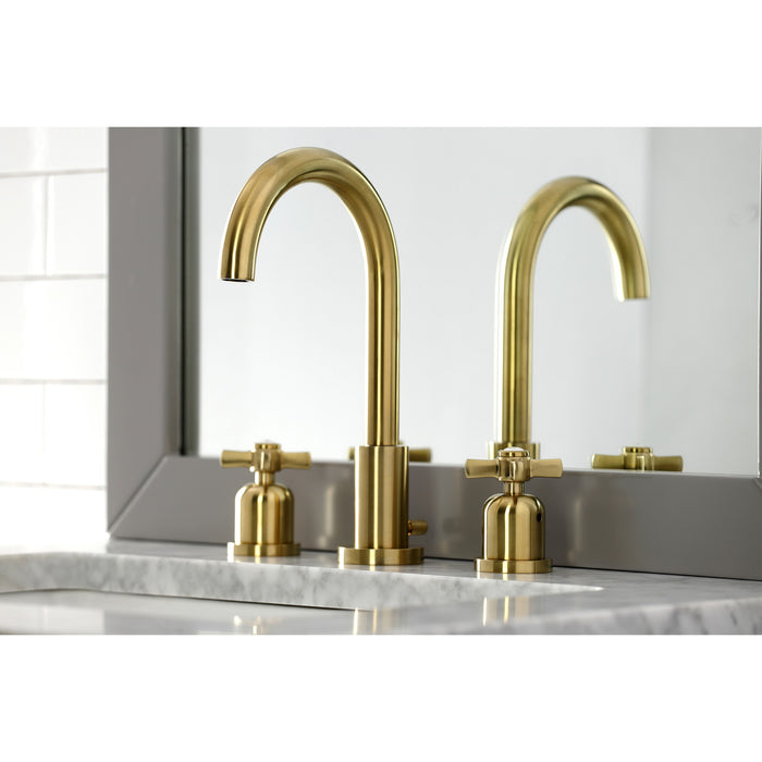 Kingston Sona FSC8923ZX - Millennium Two-Handle 3-Hole Deck Mount Widespread Bathroom Faucet with Brass Pop-Up, Brushed Brass