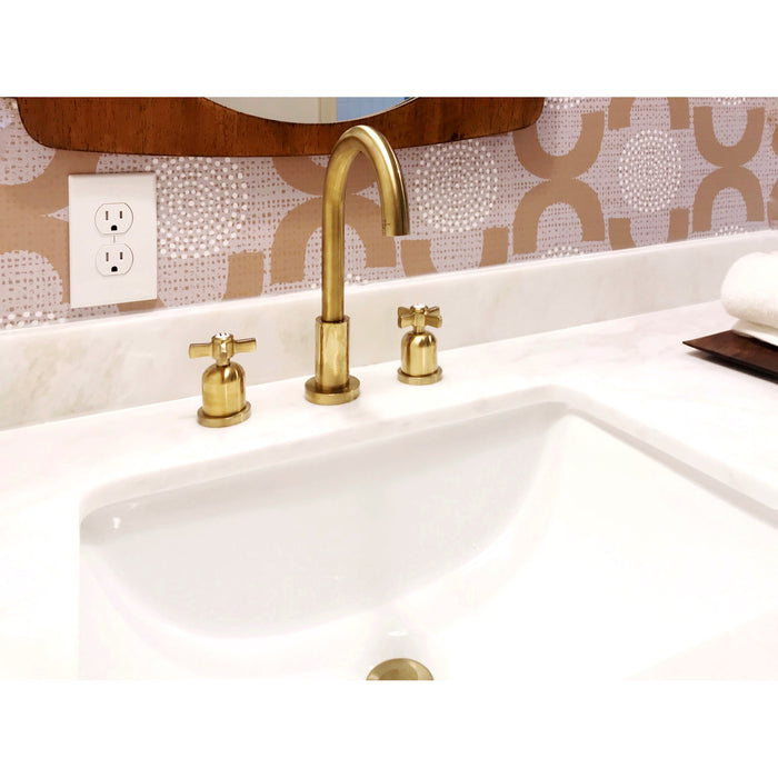 Kingston Sona FSC8923ZX - Millennium Two-Handle 3-Hole Deck Mount Widespread Bathroom Faucet with Brass Pop-Up, Brushed Brass
