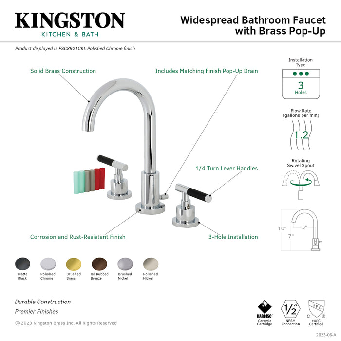Kingston Sona FSC8928CKL - Kaiser Two-Handle 3-Hole Deck Mount Widespread Bathroom Faucet with Brass Pop-Up, Brushed Nickel