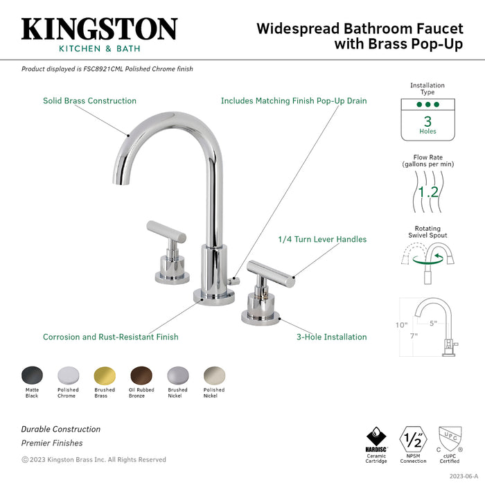 Kingston Sona FSC8928CML - Manhattan Two-Handle 3-Hole Deck Mount Widespread Bathroom Faucet with Brass Pop-Up, Brushed Nickel