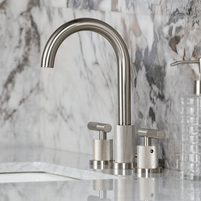 Kingston Sona FSC8928KNL - Convergent Two-Handle 3-Hole Deck Mount Widespread Bathroom Faucet with Knurled Handle and Brass Pop-Up, Brushed Nickel