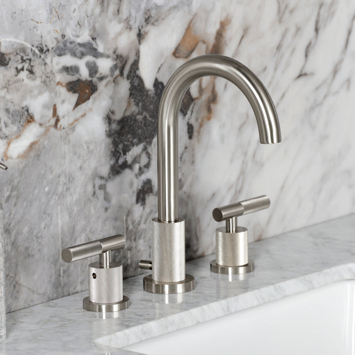 Kingston Sona FSC8928KNL - Convergent Two-Handle 3-Hole Deck Mount Widespread Bathroom Faucet with Knurled Handle and Brass Pop-Up, Brushed Nickel
