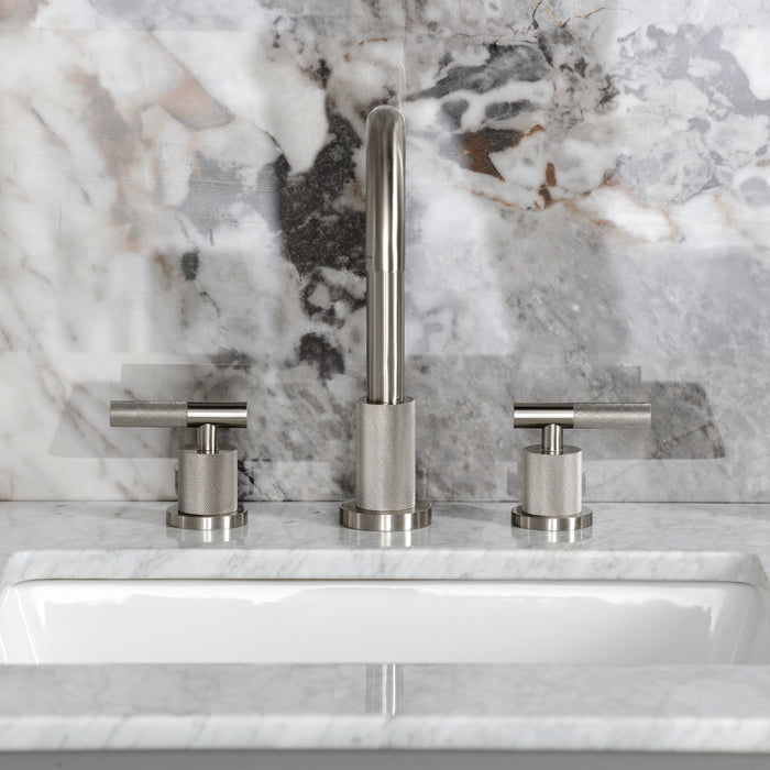Kingston Sona FSC8928KNL - Convergent Two-Handle 3-Hole Deck Mount Widespread Bathroom Faucet with Knurled Handle and Brass Pop-Up, Brushed Nickel