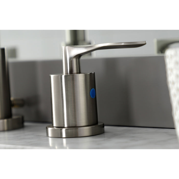 Kingston Tulare FSC8928SVL - Serena Two-Handle 3-Hole Deck Mount Widespread Bathroom Faucet with Brass Pop-Up, Brushed Nickel