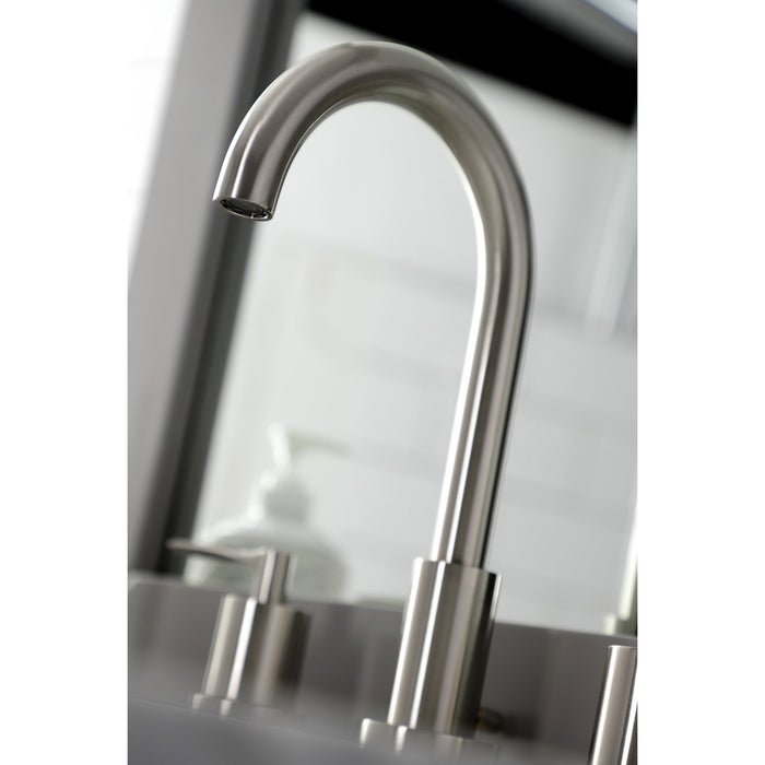 Kingston Tulare FSC8928SVL - Serena Two-Handle 3-Hole Deck Mount Widespread Bathroom Faucet with Brass Pop-Up, Brushed Nickel