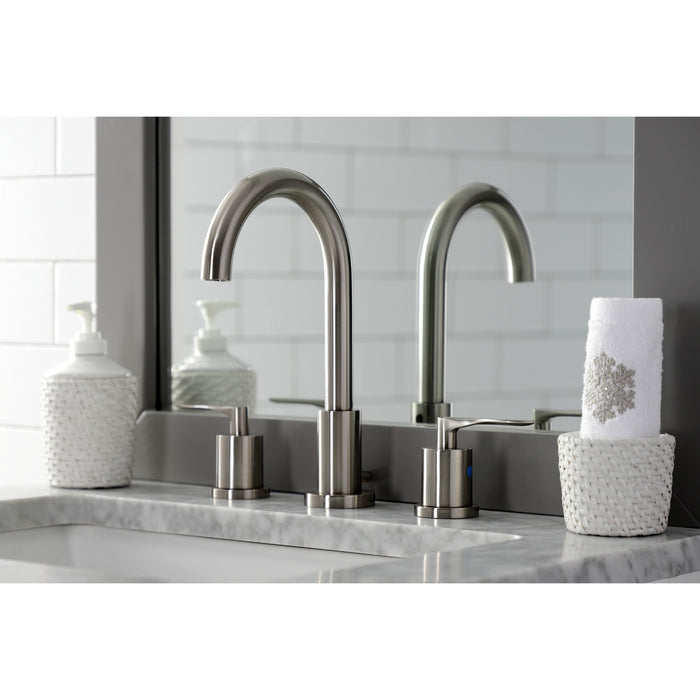 Kingston Tulare FSC8928SVL - Serena Two-Handle 3-Hole Deck Mount Widespread Bathroom Faucet with Brass Pop-Up, Brushed Nickel
