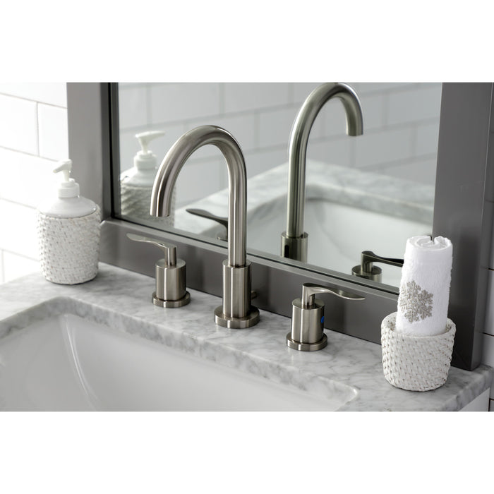Kingston Tulare FSC8928SVL - Serena Two-Handle 3-Hole Deck Mount Widespread Bathroom Faucet with Brass Pop-Up, Brushed Nickel