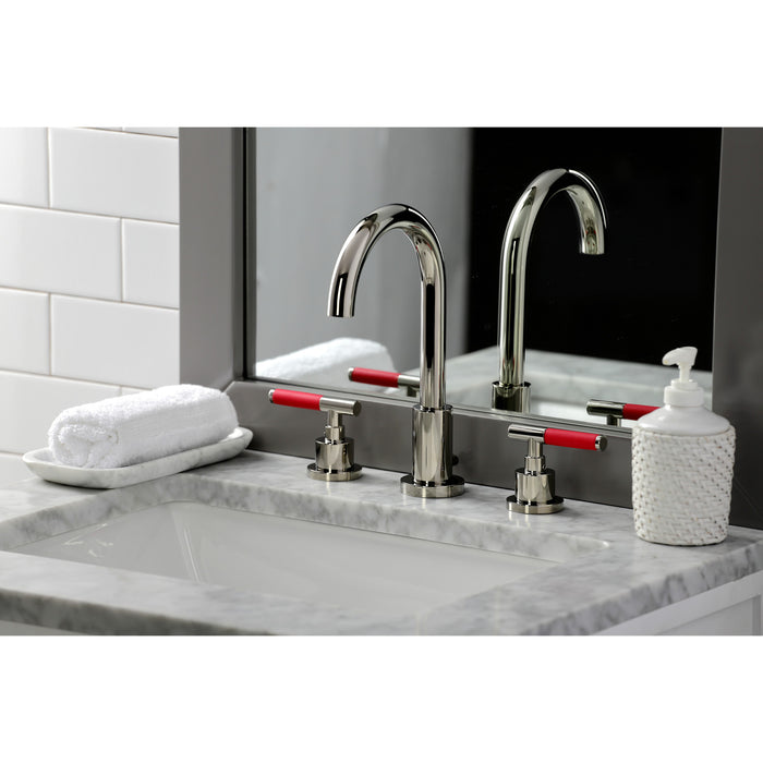 Kingston Sona FSC8929CKL - Kaiser Two-Handle 3-Hole Deck Mount Widespread Bathroom Faucet with Brass Pop-Up, Polished Nickel