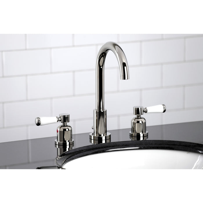 Kingston Tulare FSC8929DPL - Paris Two-Handle 3-Hole Deck Mount Widespread Bathroom Faucet with Brass Pop-Up, Polished Nickel