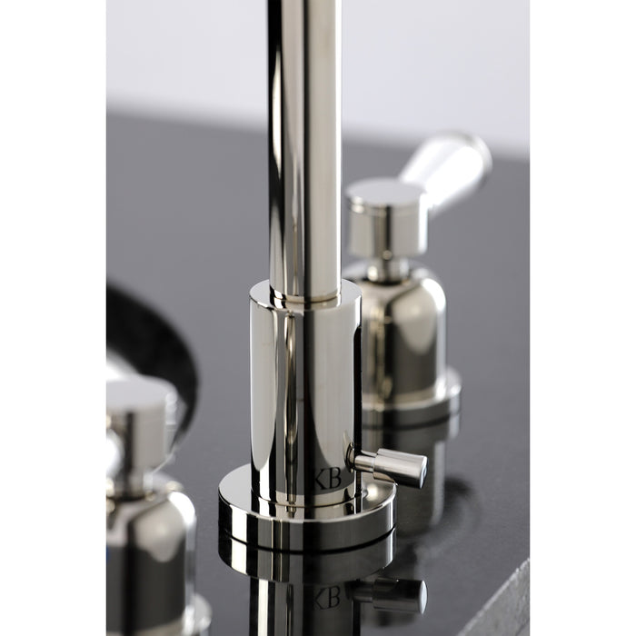 Kingston Tulare FSC8929DPL - Paris Two-Handle 3-Hole Deck Mount Widespread Bathroom Faucet with Brass Pop-Up, Polished Nickel