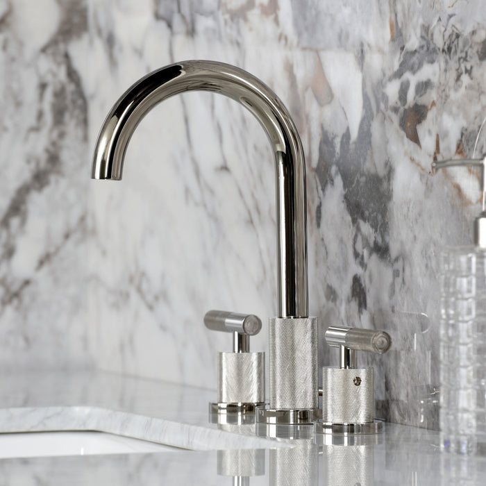 Kingston Sona FSC8929KNL - Convergent Two-Handle 3-Hole Deck Mount Widespread Bathroom Faucet with Knurled Handle and Brass Pop-Up, Polished Nickel