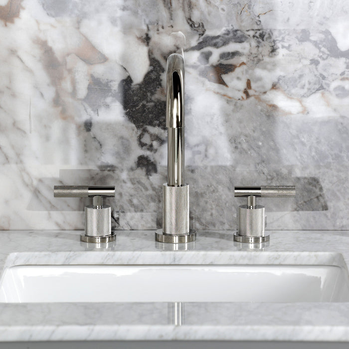 Kingston Sona FSC8929KNL - Convergent Two-Handle 3-Hole Deck Mount Widespread Bathroom Faucet with Knurled Handle and Brass Pop-Up, Polished Nickel