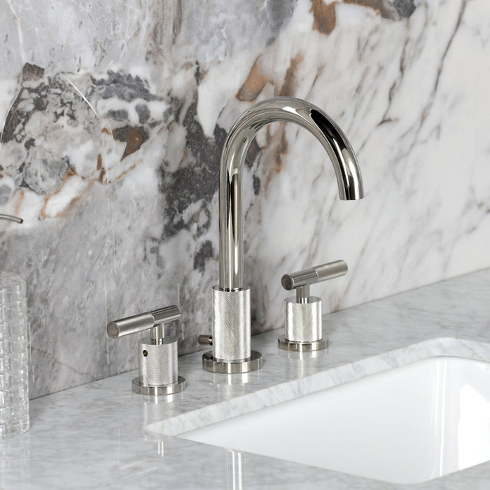 Kingston Sona FSC8929KNL - Convergent Two-Handle 3-Hole Deck Mount Widespread Bathroom Faucet with Knurled Handle and Brass Pop-Up, Polished Nickel