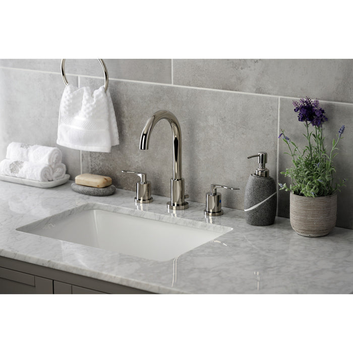 Kingston Tulare FSC8929SVL - Serena Two-Handle 3-Hole Deck Mount Widespread Bathroom Faucet with Brass Pop-Up, Polished Nickel