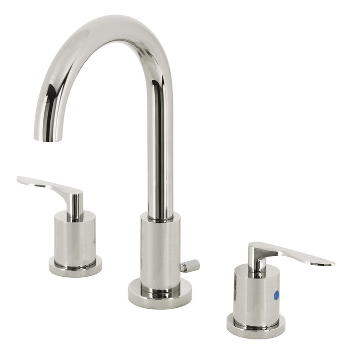 Kingston Tulare FSC8929SVL - Serena Two-Handle 3-Hole Deck Mount Widespread Bathroom Faucet with Brass Pop-Up, Polished Nickel