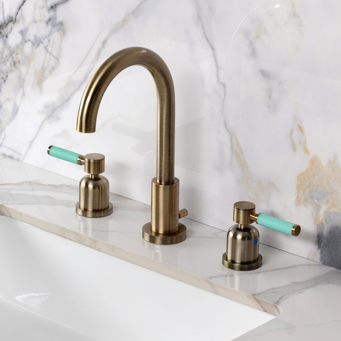 Kingston Kaiser FSC892DKLAB Two-Handle 3-Hole Deck Mount Widespread Bathroom Faucet with Brass Pop-Up, Antique Brass