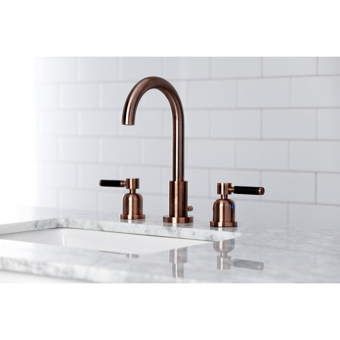 Kingston Sona FSC892DKLAC - Kaiser Two-Handle 3-Hole Deck Mount Widespread Bathroom Faucet with Brass Pop-Up, Antique Copper